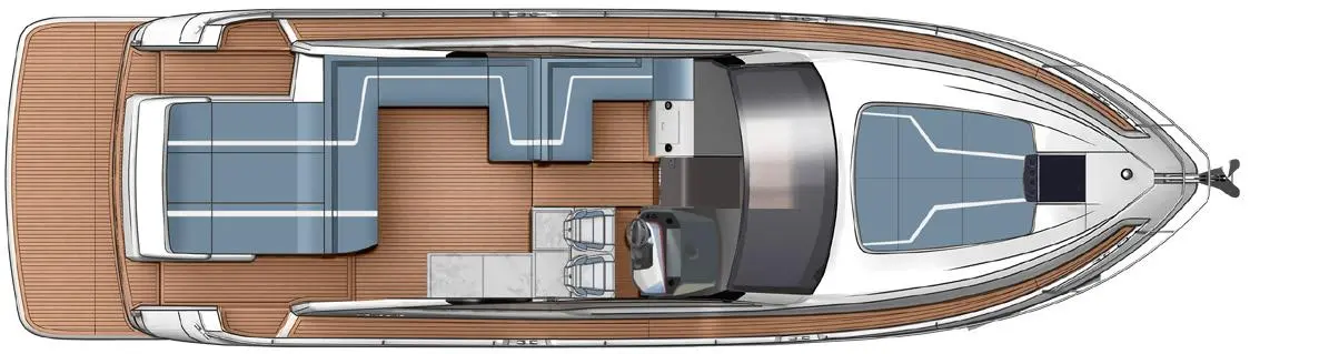 Top-down view of a modern boat interior with blue seating, wooden decking, and a central steering console.